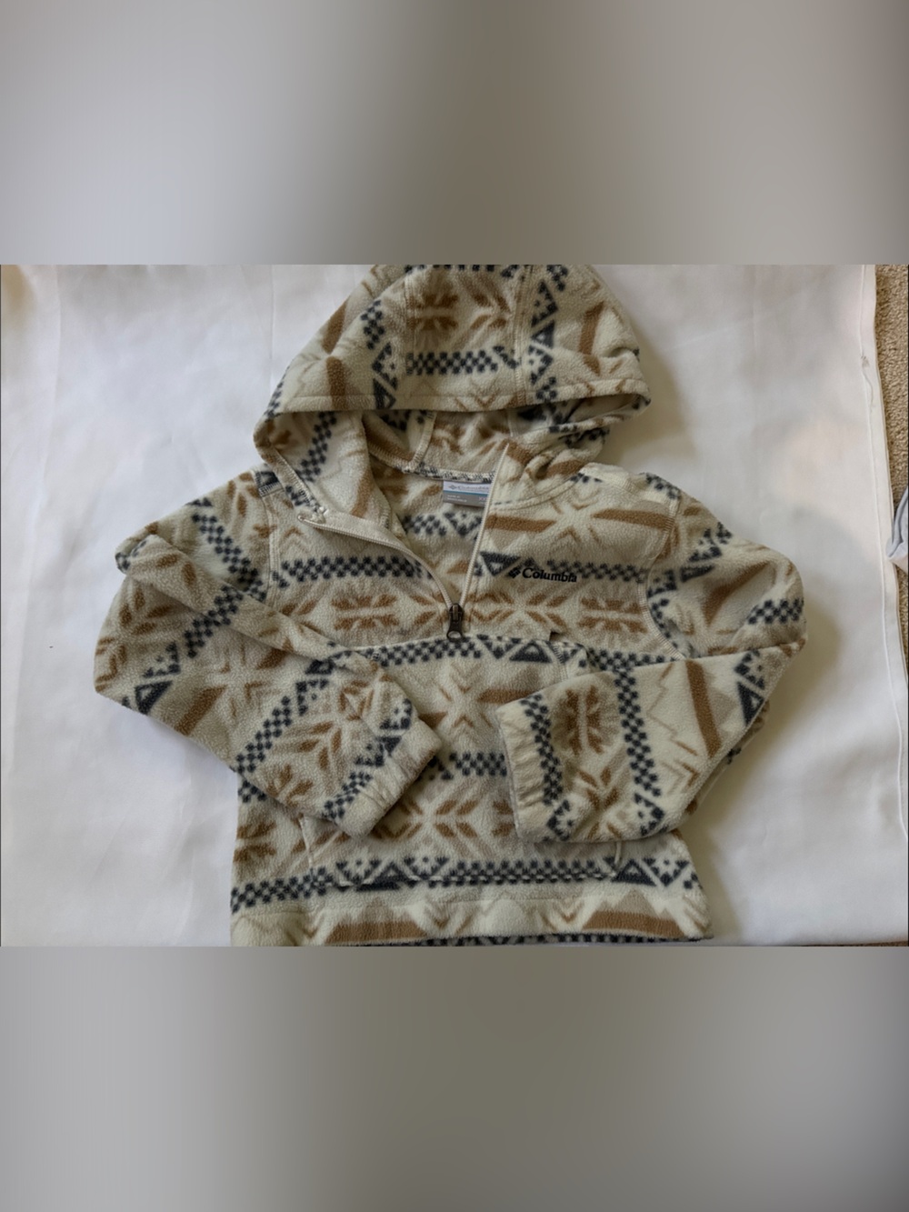 Columbia Kids Hooded Patterned Fleece Jacket in Cream, Tan & Gray